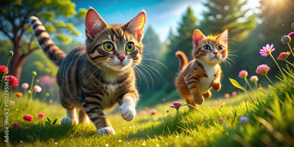 Poster playful cartoon cat and mouse engaging in a whimsical chase in a colorful animated scene