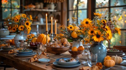 Thanksgiving and Harvest Festival. A rustic wooden table set for a Thanksgiving feast, with vintage plates, fall-colored napkins, and flickering candles, creating a warm and inviting atmosphere.