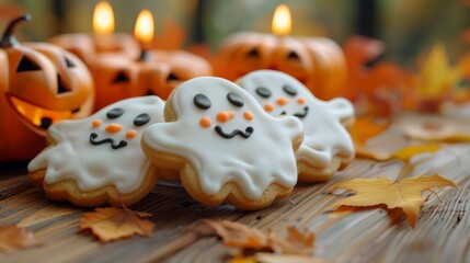 Halloween, spookiest day of year. Halloween cookies in shape of ghosts and pumpkins on an elegant wooden table with candles, against the background there is autumn foliage in minimalistic style.
