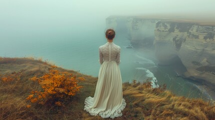 Autumn or fall season. A beautiful young woman like Victorian Lady in a long autumn white dress in cloudy fall day , elegance and style. foggy background of France seacoast , back view