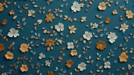 Intricate floral pattern with beige and brown flowers on a teal background, featuring various leaves and stems creating an elegant decorative design.