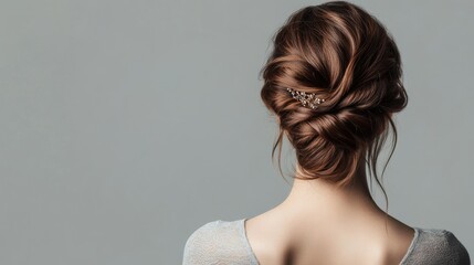 Back view of a young woman hair styled with a lovely clip, set against a soft gray background.