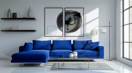 interior design, Minimalist living room with a statement cobalt blue sofa, floating glass shelves, and abstract art in contrasting black-and-white tones for a striking, modern design.