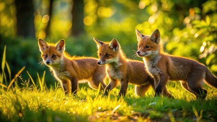 Obraz premium Playful fox pups frolicking in the grass during a sunny day in a natural woodland habitat