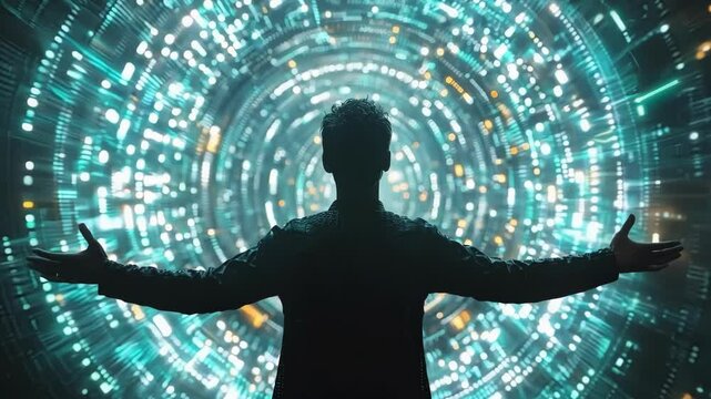 Businessman embraces the future in a digital data tunnel, symbolizing innovation and the power of finance