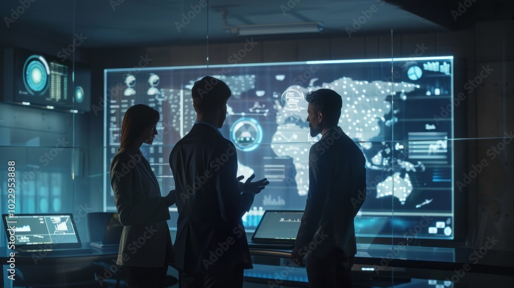 Poster three people are standing in front of a large computer screen