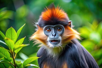 Obraz premium Playful Francois Langur Monkey in Natural Habitat, Captivating Wildlife Photography of Rare Species
