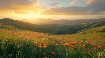 Sunset over a field of orange wildflowers in rolling hills