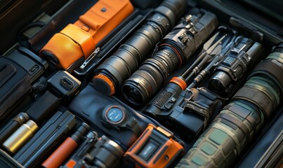 Camera lenses and accessories in a case.