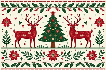 Fototapeta premium Motif Christmas ethnic handmade beautiful Ikat art. Xmas background. folk embroidery Christmas pattern, Ikat art ornament print. red,green colors. Reindeer, christmas tree,Mistletoe, poinsettia design