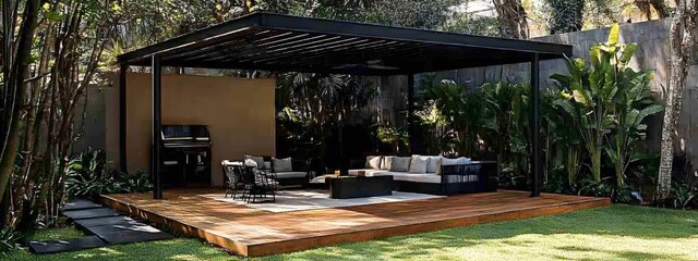 A modern black metal garden canopy with seating, situated in the middle of a lawn, features a minimalistic design
