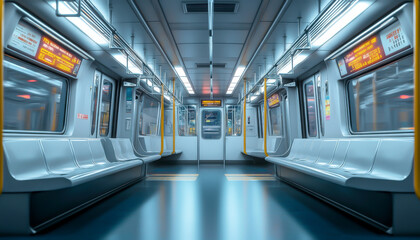 Fototapeta premium Empty subway train interior with modern seating and bright lighting.