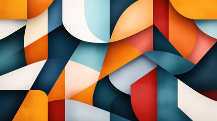 Obraz premium Abstract geometric pattern with overlapping shapes in orange, blue, red, and white tones creating a visually dynamic composition.