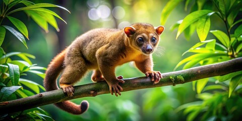 Fototapeta premium Playful Kinkajou Climbing a Tree Branch in Lush Green Rainforest Setting with Soft Natural Light