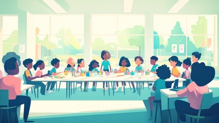 A vibrant classroom scene with children engaged in creative activities at a long table.