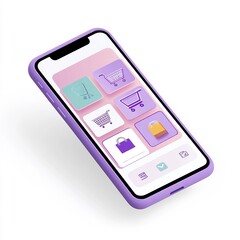 Mobile phone with a shopping app interface, white background, tech illustration