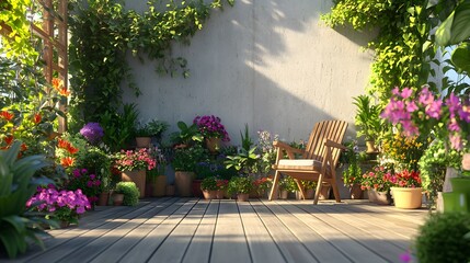 Relaxing Patio With Flowers and Wooden Chair on Deck