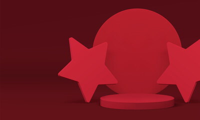 3d red fashion podium pedestal with stars for presentation realistic vector illustration. Trendy minimalist aesthetic advertising display mockup for cosmetic product show cylinder platform showcase