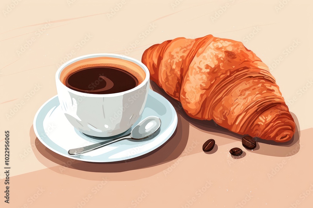 Wall mural Croissant coffee drink food.