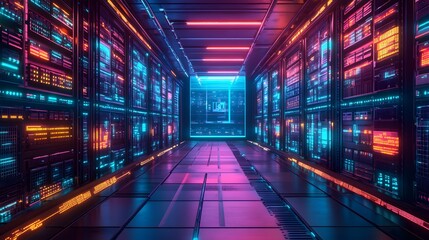 Futuristic Server Room with Neon Lights and Digital Displays