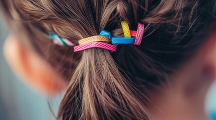 Naklejka premium Close-up of a child's hair, tied up neatly with adorable, multi-colored hair clips, perfect for a cute and fun look