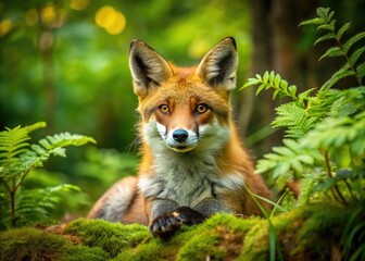 Fototapeta premium Playful Red Fox Relaxing in a Lush Green Forest Surrounded by Beautiful Nature and Wildlife