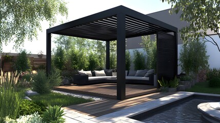 A modern black metal garden canopy with seating, situated in the middle of a lawn, features a minimalistic design
