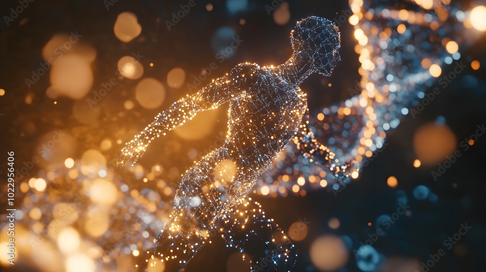 Poster abstract glowing human figure with particles and bokeh