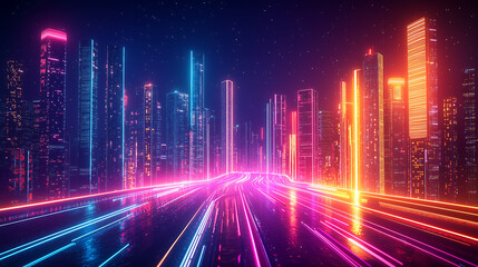 futuristic neon cityscape with glowing abstract skyscrapers and vibrant lights
