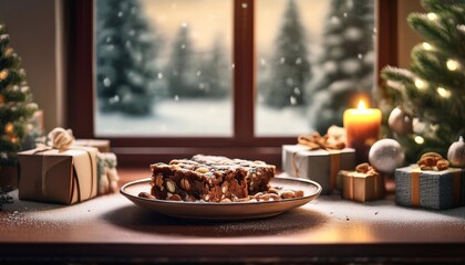 Naklejka premium Panforte in a beautiful plate on the table against the background of a living room with large windows, snow falling, a Christmas tree with gifts