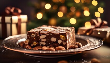 Panforte in a beautiful plate on the table against the background of a living room with large windows, snow falling, a Christmas tree with gifts