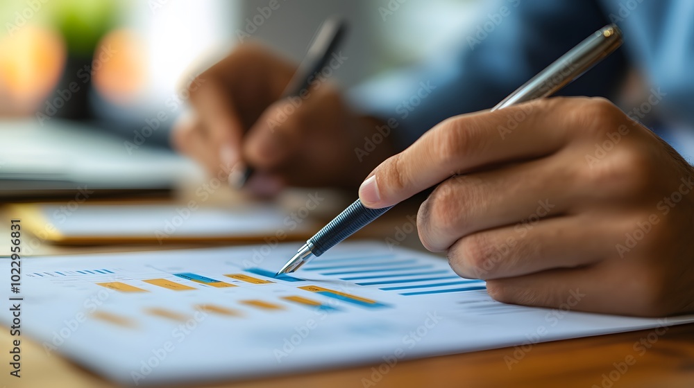 Poster closeup hand analyzing data charts with pen