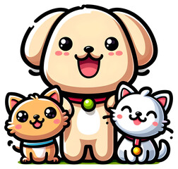 Fototapeta premium Cute cartoon animals, happy dog and cats with smiling faces
