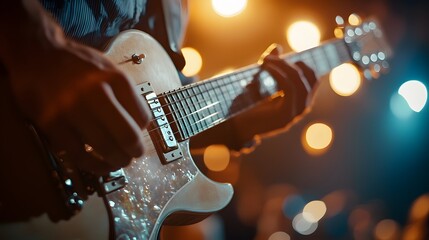 Fototapeta premium Closeup of Guitarist Hands Playing Electric Guitar on Stage with Bokeh Lights