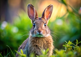 Fototapeta premium Playful Wild Hair Rabbit in Natural Habitat with Fluffy Fur and Expressive Eyes in Soft Light
