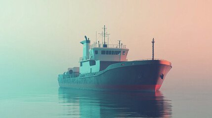 3d rendering of a sailing boat ship within a waving sea ocean, realistic look cinematic lighting dynamic composition sunset soft pastel light book illustration real surface