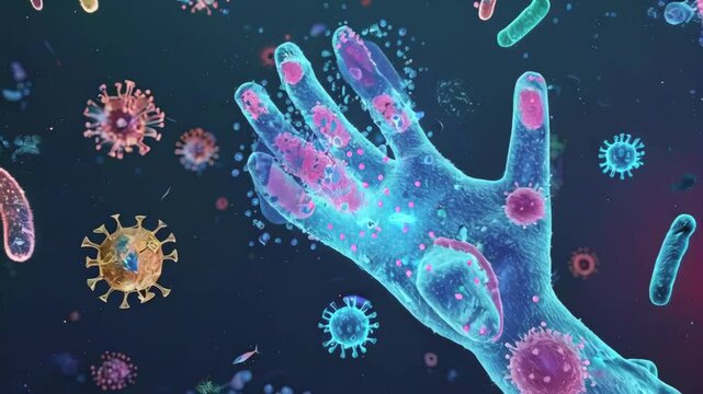 video of Cartoon microbe on a human hand&rsquo;s surface, illustrating hygiene, with a background of bacteria and viruses