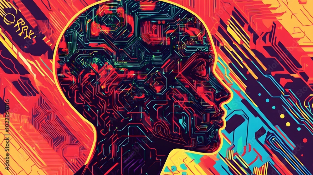 Poster abstract digital portrait with circuitry design and vibrant colors