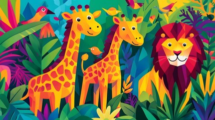 Colorful Jungle Animals Illustration   Giraffes  Lion  Birds  Leaves  Geometric Art
