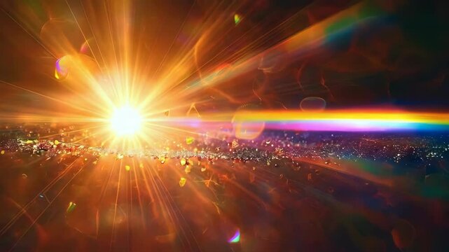 video of Lens flare effect with light on a black background. Abstract sunburst featuring digital lens flare with rounded and hexagonal shapes, along with a rainbow halo