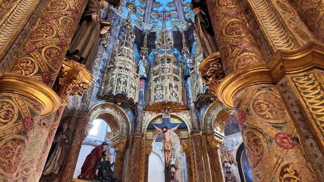 Interior view at the Charola of the Convent of Christ, magnificent Knights Templar architecture, round church altar, paintings and very peculiar ornaments, Tomar Portugal