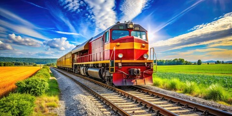 Powerful diesel locomotive navigating through scenic countryside landscape under a clear blue sky