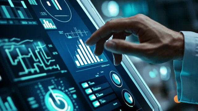 A hand interacts with a futuristic touchscreen displaying data and analytics.