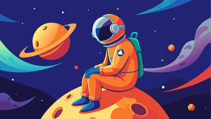 Naklejka premium A whimsical digital illustration of a cartoon astronaut sitting on a tiny, cratered moon