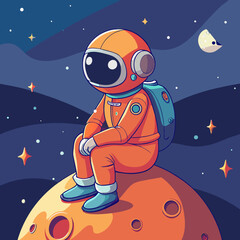 A whimsical digital illustration of a cartoon astronaut sitting on a tiny, cratered moon