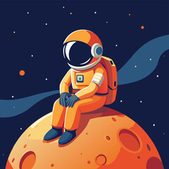 A whimsical digital illustration of a cartoon astronaut sitting on a tiny, cratered moon