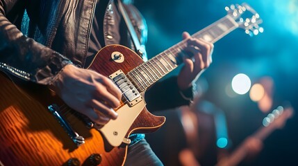 Obraz premium Close Up of Guitarist Playing Electric Guitar on Stage