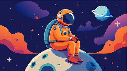 Fototapeta premium A whimsical digital illustration of a cartoon astronaut sitting on a tiny, cratered moon