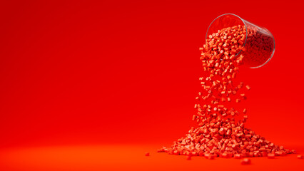Red plastic polypropylene granules pouring from the glass on a red backdrop, masterbatch polymer grain pile. HDPE or PVC resin pellets. Place for text. 3d render illustration