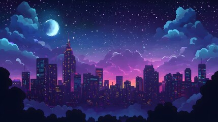 Fototapeta premium Pixelated Cityscape at Night with Crescent Moon and Stars